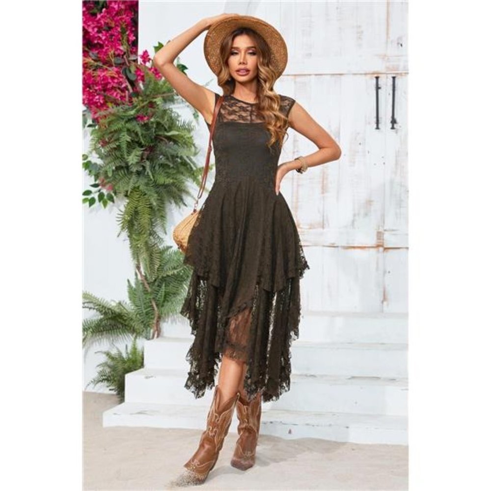 Army Green Lace Sleeveless Asymmetrical Layered Lace Tiered Long Midi Dress - Picture 4 of 7